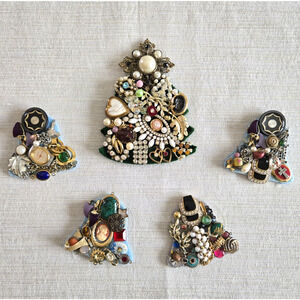 Vintage Jewelry Christmas Tree Ornaments Handmade Holiday Art One Of A Kind 5ct